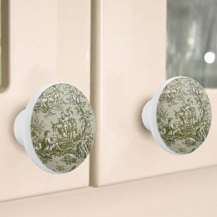 Chic Vintage Green Grey Toile De Jouy Scenic Ceramic Knob