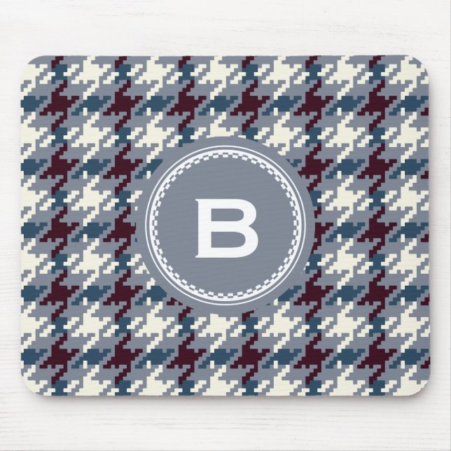 Chic vintage grey houndstooth plaid monogram mouse pad (Front)