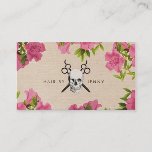 chic vintage hair stylist pink floral shears skull business card