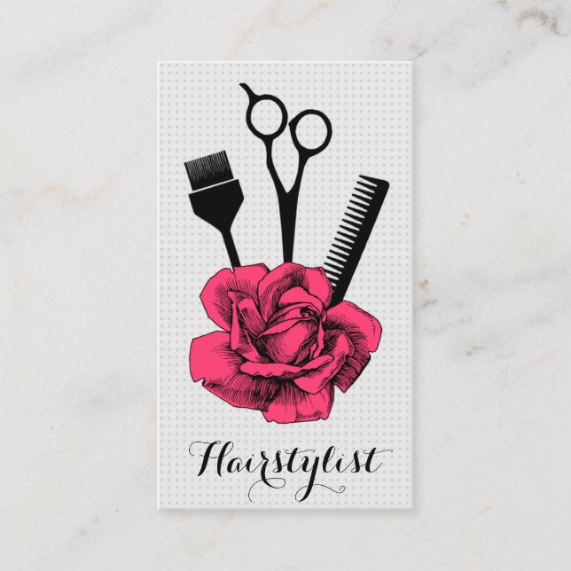 chic vintage hairstylist hair stylist pink mod business card (Front)