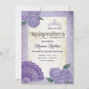 Chic vintage hand fan purple roses tiara Quince  Invitation