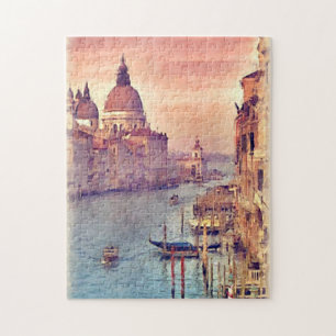 Chic Vintage Italy Venice Canal Pastel Watercolour Jigsaw Puzzle