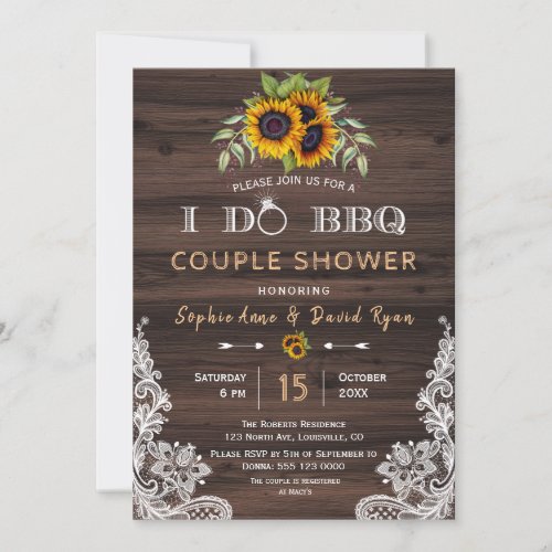Chic Vintage Lace Sunflowers Wood I DO BBQ Invitation