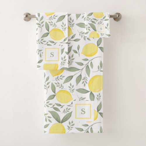 Chic Vintage Lemons and Leaves Monogram Bath Towel Set