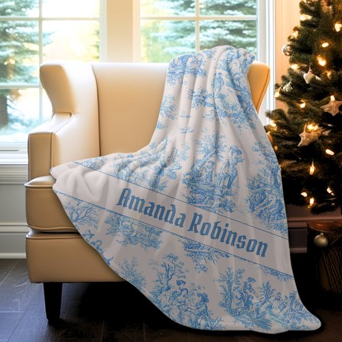 Chic vintage light blue toile de jouy monogram fleece blanket