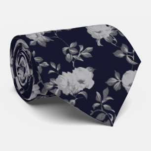 Chic vintage navy blue white floral pattern neck tie