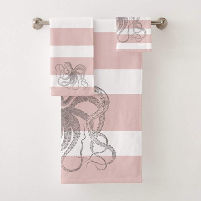 Chic Vintage Octopus on Nautical Pink Stripes Bath Towel Set (Insitu)