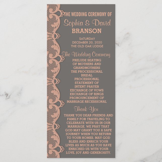Chic Vintage Peach Grey Lace Wedding Program (Front)