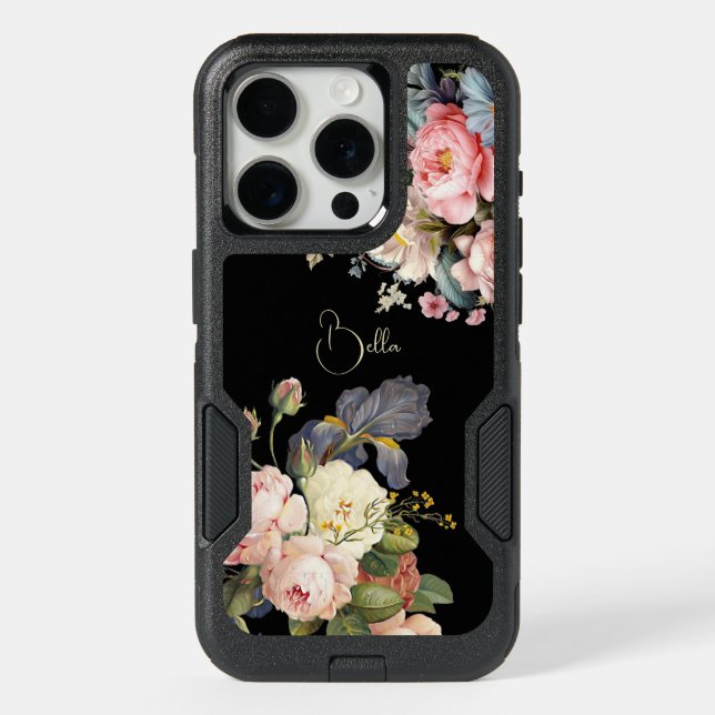 Chic Vintage Personalized Roses & Iris  iPhone 15 Pro Case (Back)