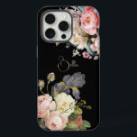 Chic Vintage Personalized Roses & Iris  iPhone 15 Pro Max Case<br><div class="desc">Beautiful,  timeless and elegant sprays of artistic pink and white roses,  peonies and purple bearded iris with delicate foliage. Includes an editable text field for your personalization and the background color is customizable.</div>