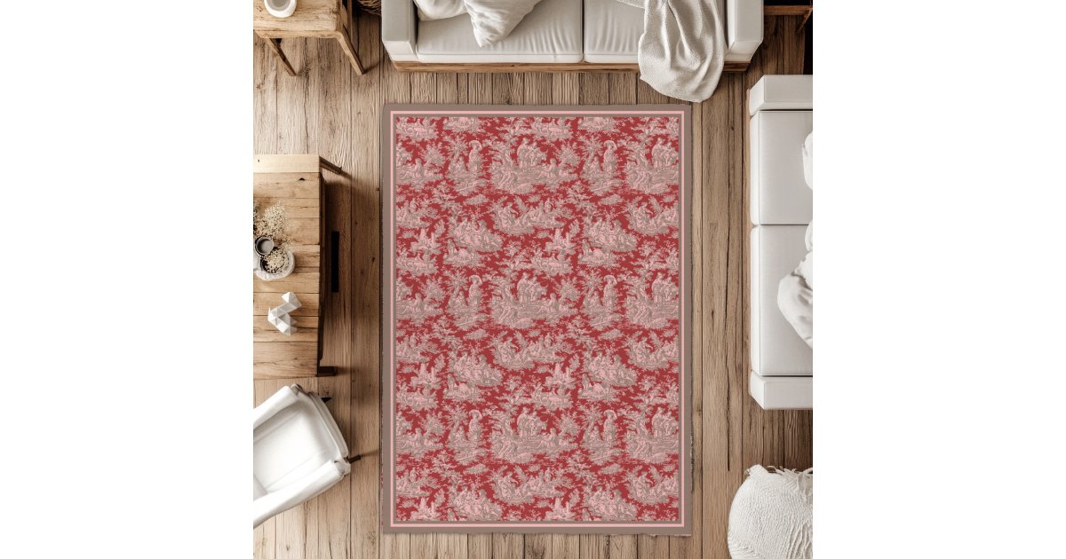 Chic vintage pink red toile de jouy printed rug | Zazzle