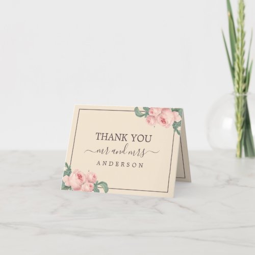 Chic Vintage Pink Rose Burgundy Photo Thank You Card