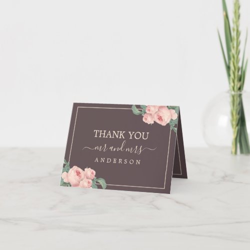 Chic Vintage Pink Rose Burgundy Photo Thank You Card