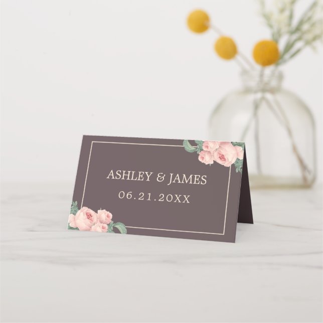 Chic Vintage Pink Rose Burgundy Wedding Place Card (Front)
