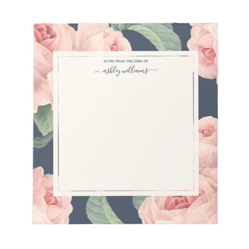 Chic Vintage Pink Rose Dark Blue Personalized Notepad