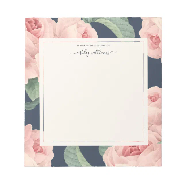 Chic Vintage Pink Rose Dark Blue Personalized Notepad | Zazzle