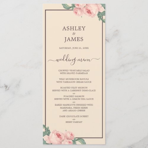 Chic Vintage Pink Rose Ivory Burgundy Wedding Menu