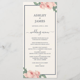 Chic Vintage Pink Rose Off-White Dark Blue Wedding Menu