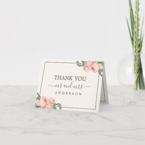Chic Vintage Pink Rose Off_White Photo Thank You Card