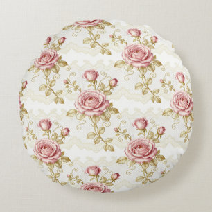 Chic Vintage Pink Rose Shabby Cottage Core Round Pillow