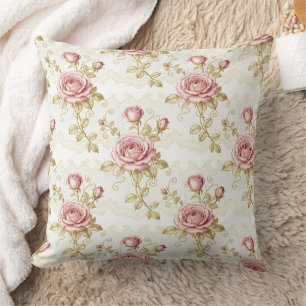 Chic Vintage Pink Rose Shabby CottageCore Throw Pillow