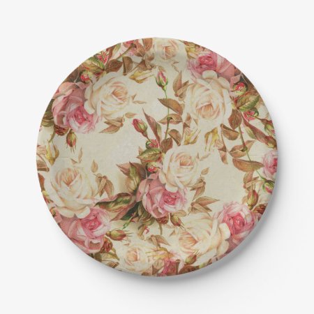 Chic Vintage Pink White Brown Roses Floral Pattern Paper Plates