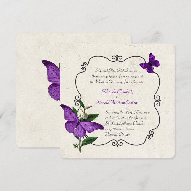 Chic Vintage Purple Butterflies Wedding Invitation (Front/Back)