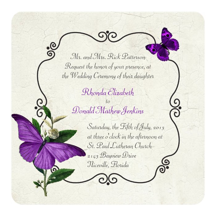 Chic Vintage Purple Butterflies Wedding Invitation | Zazzle