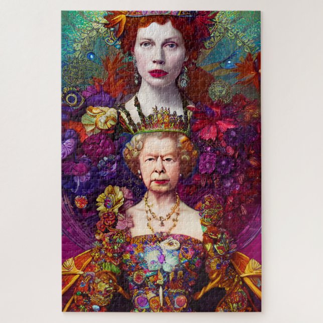 Chic Vintage Queen Elizabeth II Royal Blue and Red Jigsaw Puzzle (Vertical)