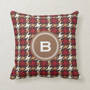 Chic vintage red brown houndstooth plaid monogram throw pillow