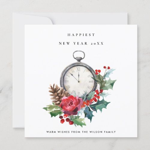 CHIC VINTAGE RED GREEN HOLLY BERRY NEW YEAR CLOCK HOLIDAY CARD