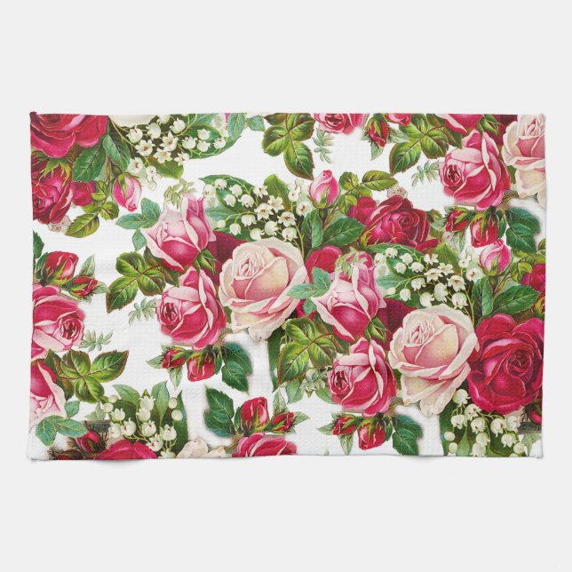 Chic vintage red pink roses flowers pattern towel (Horizontal)