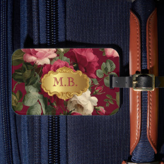 Chic Vintage Red Rose Floral Monogrammed Luggage Tag