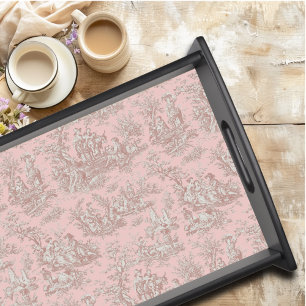 Chic Vintage Rose Gold Toile de Jouy French Floral Serving Tray