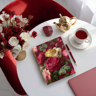 Chic Vintage Rose Red Floral  Monogrammed  Notebook