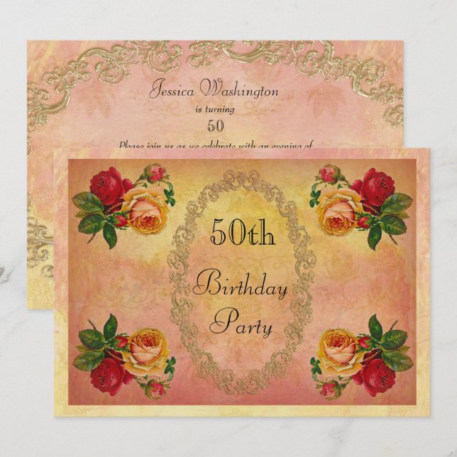 Chic Vintage Roses 50th Birthday Invitation (Front/Back)