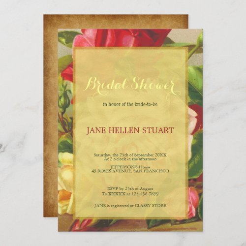 Chic vintage roses gold framed bridal shower invitation