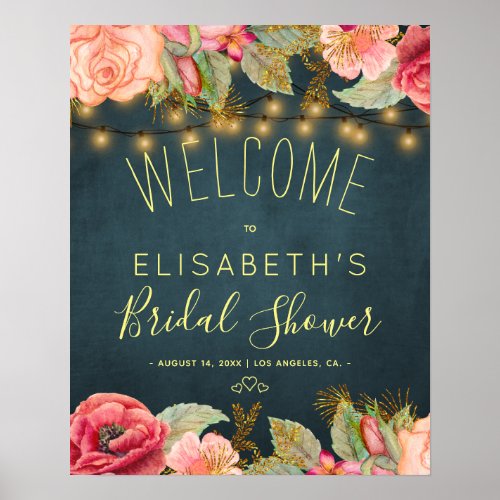 Chic vintage roses navy bridal shower welcome sign