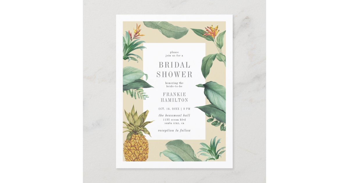 Chic Vintage Tropical Leaves Drawing Bridal Shower Invitation Postcard ...