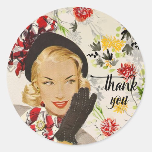 Chic Vintage Woman Thank You Classic Round Sticker