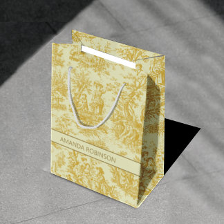 Chic Vintage Yellow French Toile de Jouy Design Medium Gift Bag