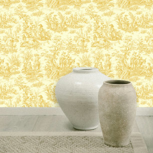 Chic Vintage Yellow Toile de Jouy Pattern Wallpaper