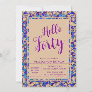 Chic Violet Blue Mosaic Hello Forty 40th Birthday Invitation