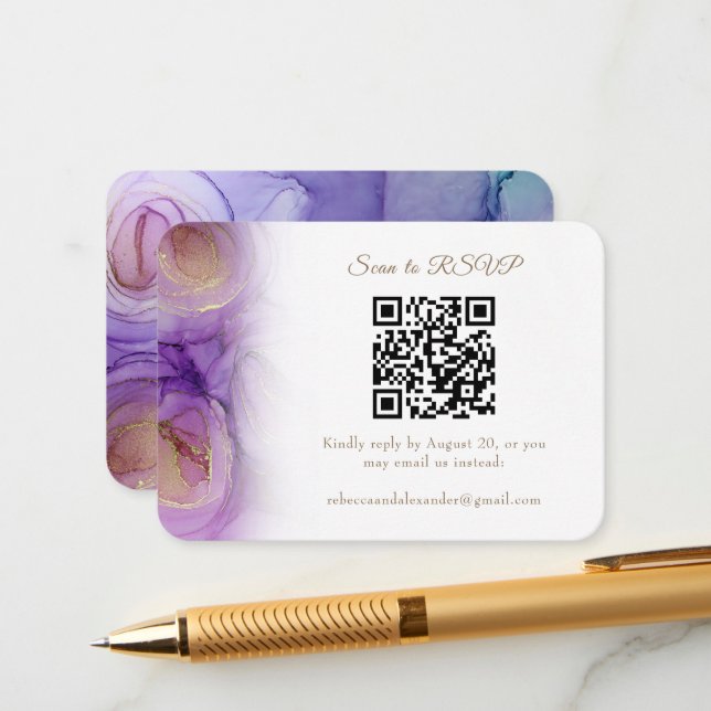 Chic Violet Floral QR Code Wedding RSVP Card (Front/Back In Situ)