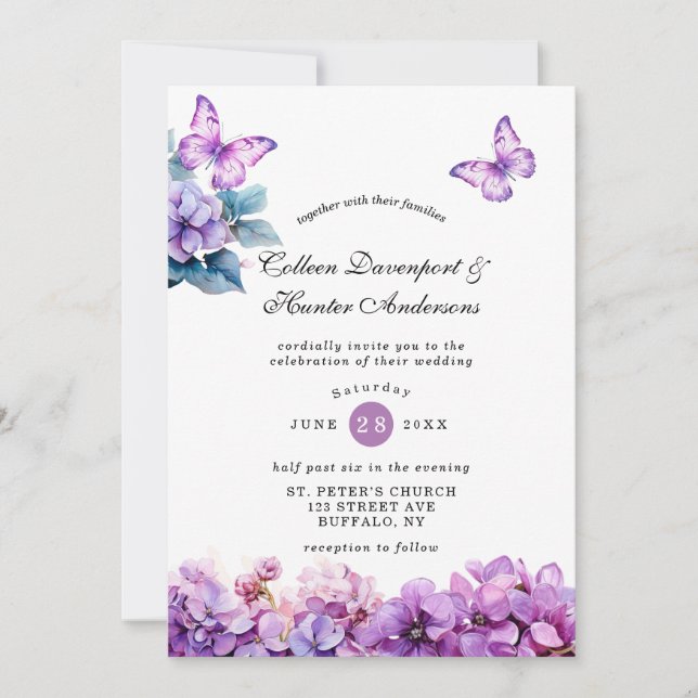 Chic Violet Hydrangea Butterfly Wedding Invitation (Front)
