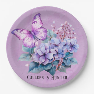Chic Violet Hydrangea Floral and Butterfly Wedding Paper Plates