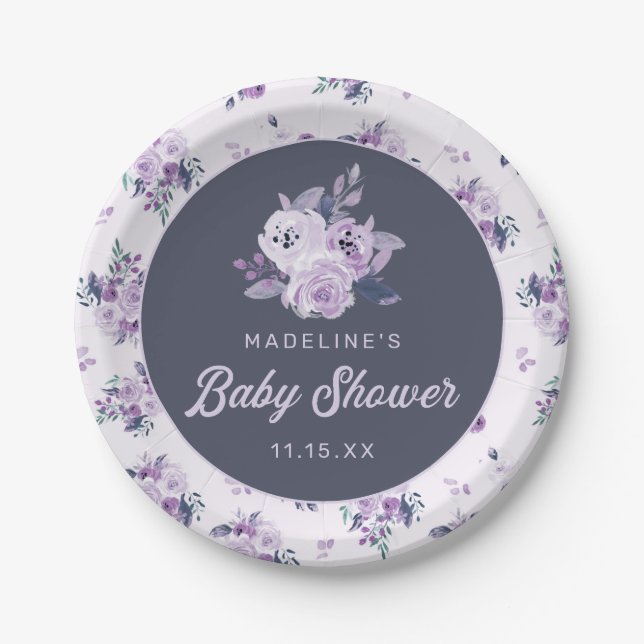 Chic Violet Lavender Purple Floral Baby Shower Paper Plates (Front)