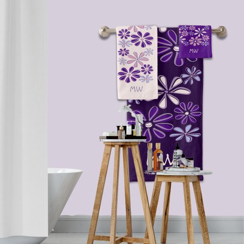 Chic Violet Pink Indigo  Flower Doodle Initialed Bath Towel Set