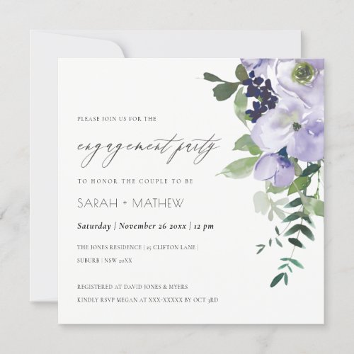 Chic Violet Purple Floral Leafy Engagement Invite