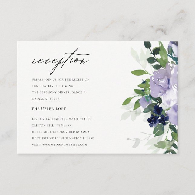 Chic Violet Purple Floral Leafy Wedding Reception Enclosure Card (Front)